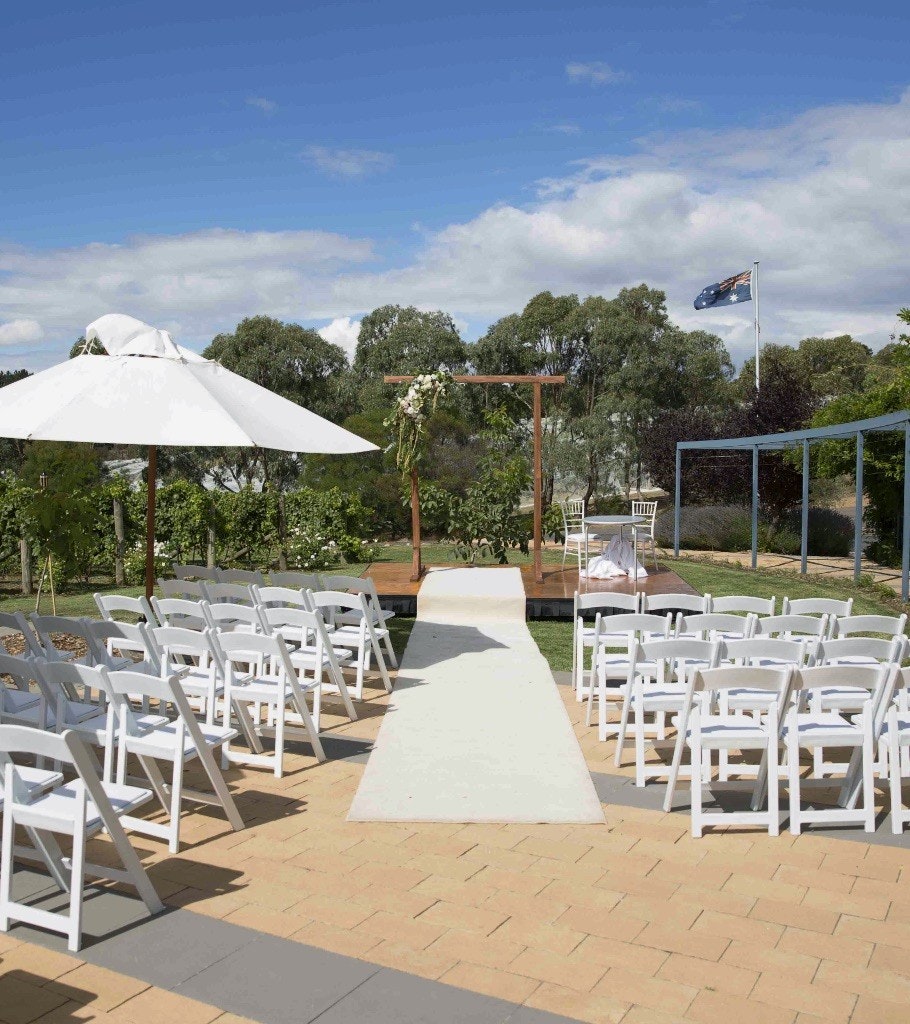 Wedding ceremoney setup on the lawns of Contentious Character winery.
